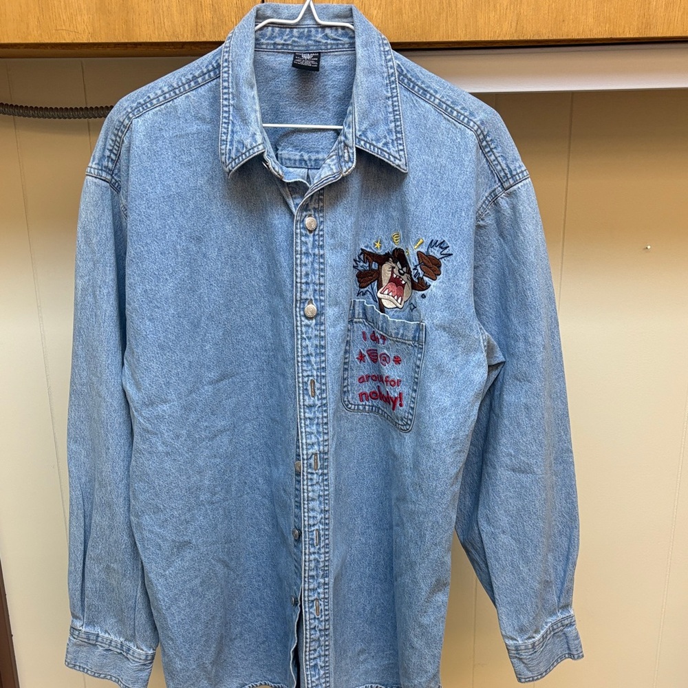Warner Bros. Light Blue Denim Shirt with Embroidered Cartoon